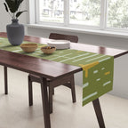 Mid-Century Modern Kinetikos Pattern Olive Green Mustard Gold Celadon Table Runner Gallery Image 2