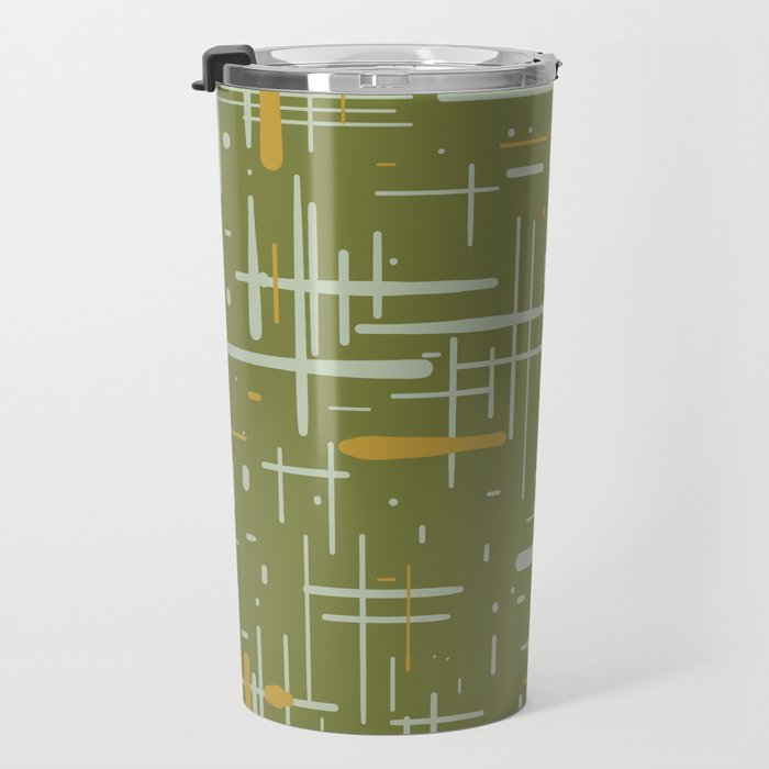 Mid-Century Modern Kinetikos Pattern Olive Green Mustard Gold Celadon Travel Mug Gallery Image 3