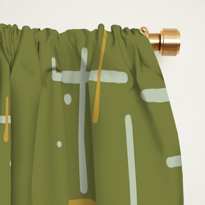 Mid-Century Modern Kinetikos Pattern Olive Green Mustard Gold Celadon Window Curtain Gallery Image 2