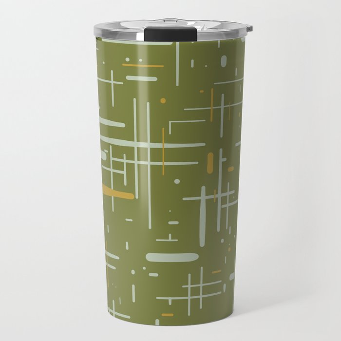Mid-Century Modern Kinetikos Pattern Olive Green Mustard Gold Celadon Travel Mug Gallery Image 1