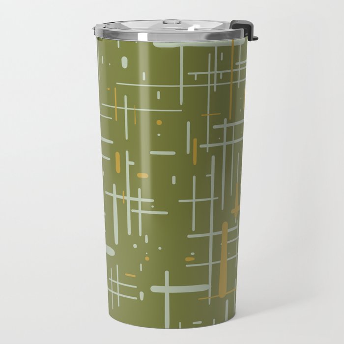 Mid-Century Modern Kinetikos Pattern Olive Green Mustard Gold Celadon Travel Mug Gallery Image 2