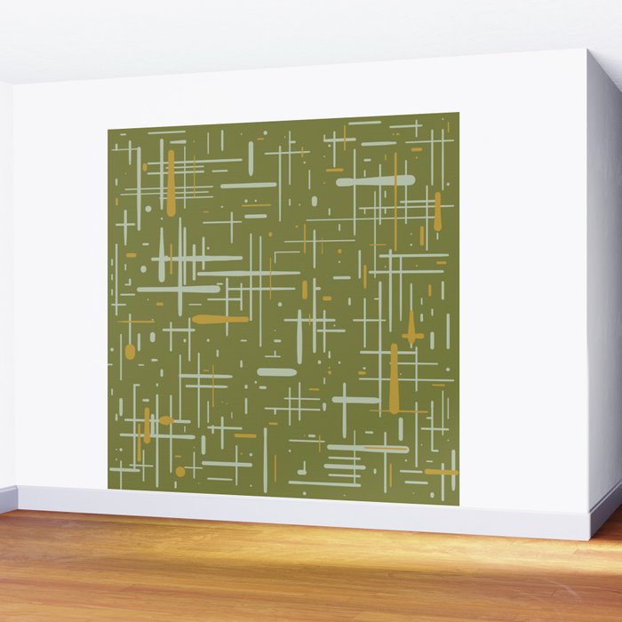 Mid-Century Modern Kinetikos Pattern Olive Green Mustard Gold Celadon Wall Mural Gallery Image 2