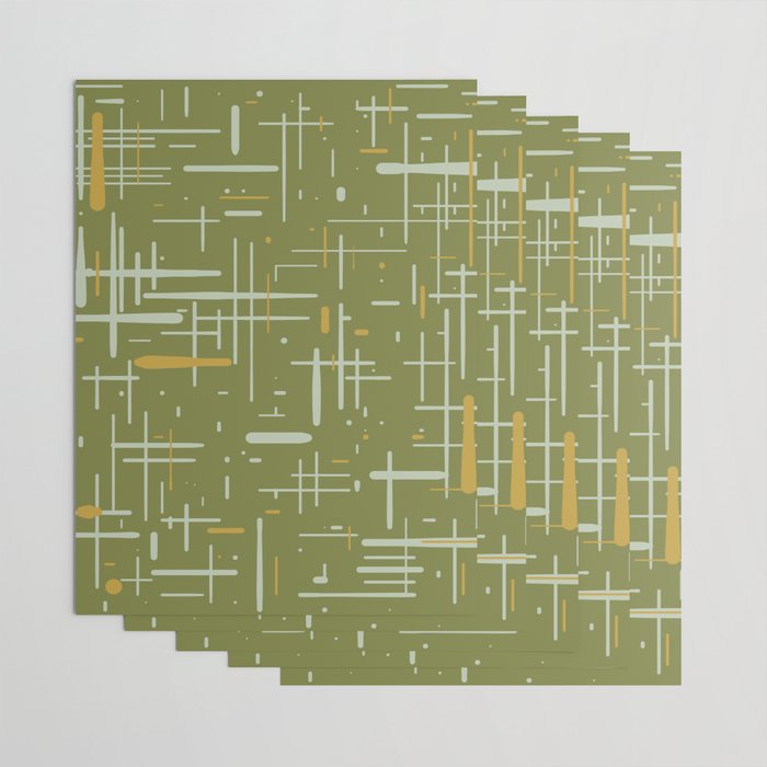 Mid-Century Modern Kinetikos Pattern Olive Green Mustard Gold Celadon Wrapping Paper Gallery Image 3