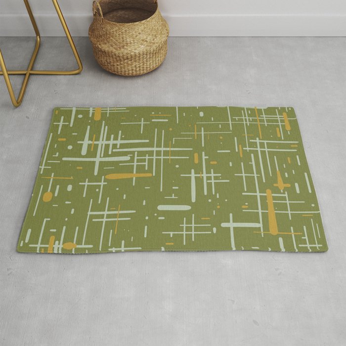 Mid-Century Modern Kinetikos Pattern Olive Green Mustard Gold Celadon Rug Gallery Image 1