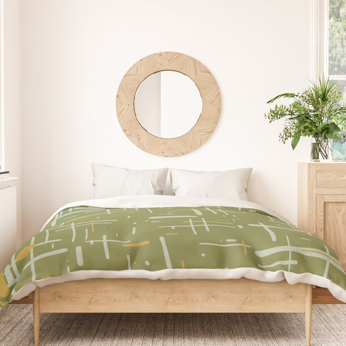 Mid-Century Modern Kinetikos Pattern Olive Green Mustard Gold Celadon Duvet Cover Gallery Image 3