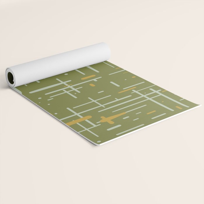 Mid-Century Modern Kinetikos Pattern Olive Green Mustard Gold Celadon Yoga Mat Gallery Image 2