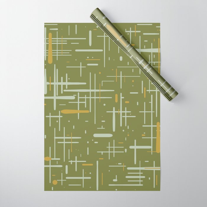 Mid-Century Modern Kinetikos Pattern Olive Green Mustard Gold Celadon Wrapping Paper Gallery Image 1