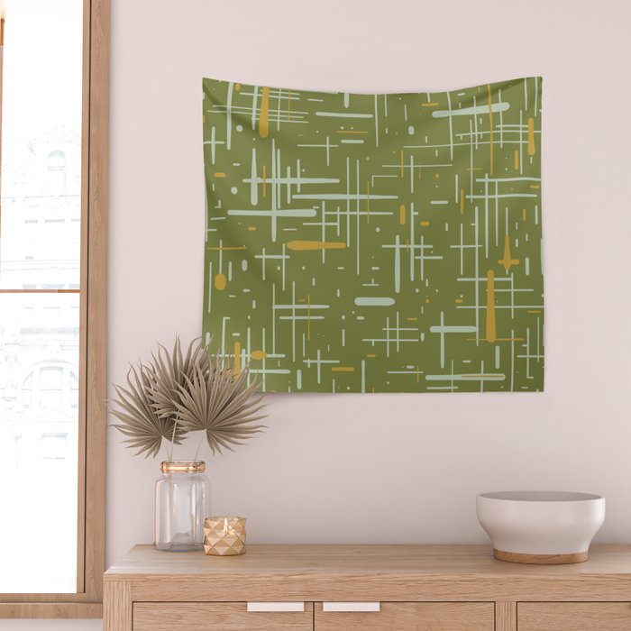 Mid-Century Modern Kinetikos Pattern Olive Green Mustard Gold Celadon Wall Tapestry Gallery Image 2