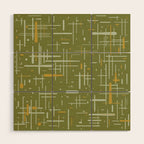 Mid-Century Modern Kinetikos Pattern Olive Green Mustard Gold Celadon Wood Wall Art Gallery Image 1