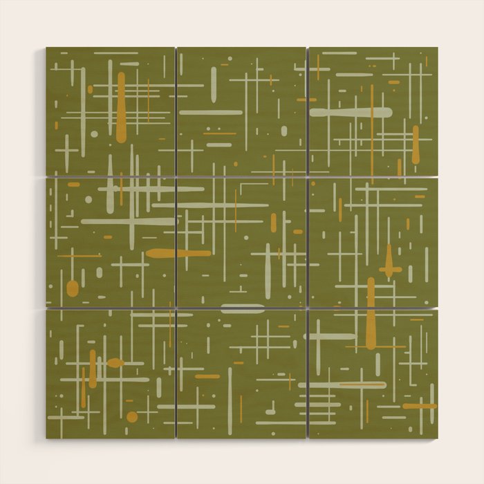 Mid-Century Modern Kinetikos Pattern Olive Green Mustard Gold Celadon Wood Wall Art Gallery Image 1