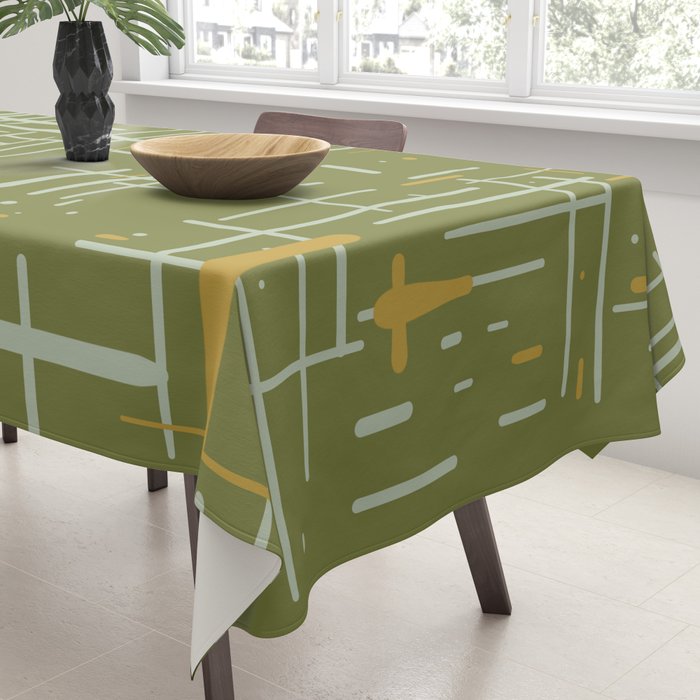 Mid-Century Modern Kinetikos Pattern Olive Green Mustard Gold Celadon Tablecloth Gallery Image 3