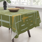 Mid-Century Modern Kinetikos Pattern Olive Green Mustard Gold Celadon Tablecloth Gallery Image 3