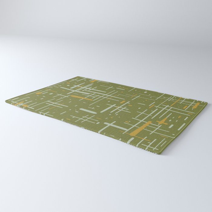 Mid-Century Modern Kinetikos Pattern Olive Green Mustard Gold Celadon Rug Gallery Image 3