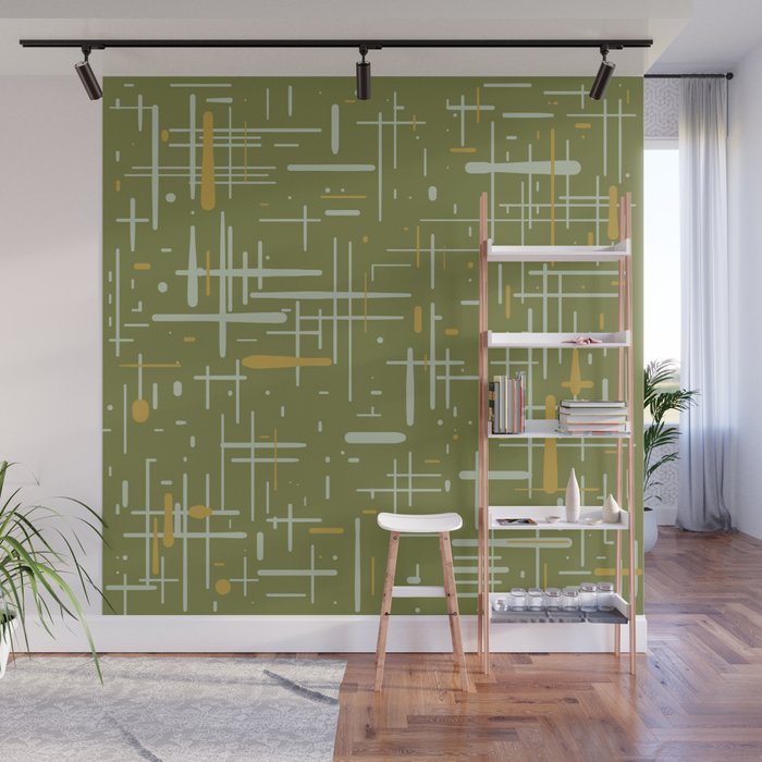 Mid-Century Modern Kinetikos Pattern Olive Green Mustard Gold Celadon Wall Mural Gallery Image 1
