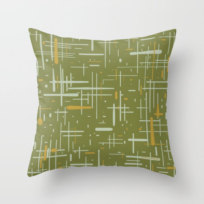 Mid-Century Modern Kinetikos Pattern Olive Green Mustard Gold Celadon Throw Pillow Gallery Image 1
