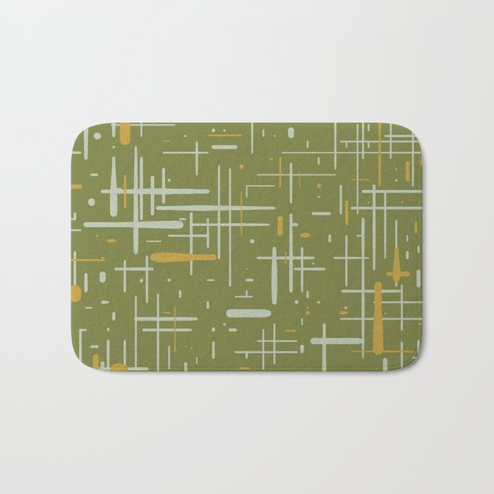 Mid-Century Modern Kinetikos Pattern Olive Green Mustard Gold Celadon Bath Mat Gallery Image 1