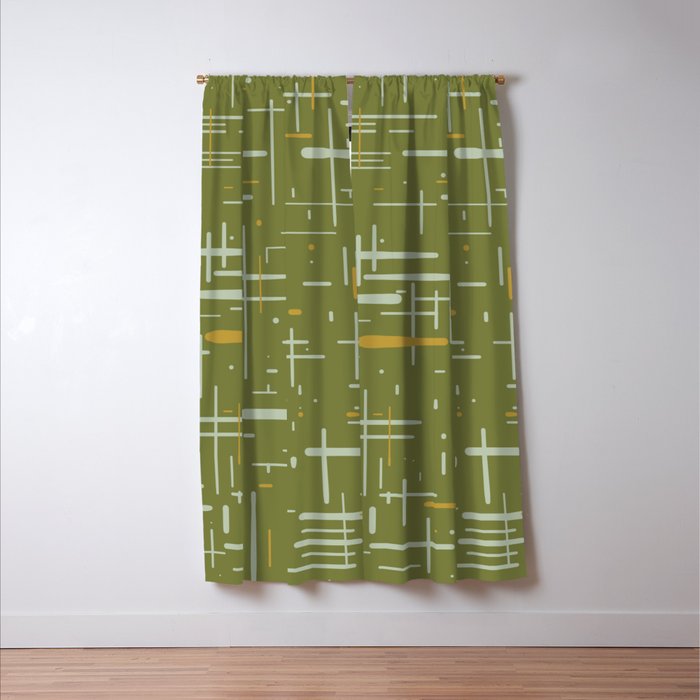 Mid-Century Modern Kinetikos Pattern Olive Green Mustard Gold Celadon Window Curtain Gallery Image 3