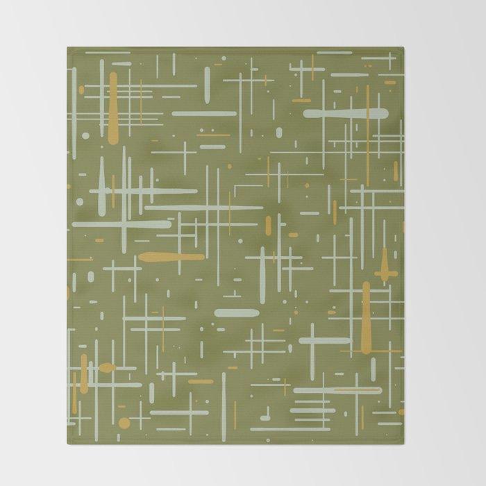 Mid-Century Modern Kinetikos Pattern Olive Green Mustard Gold Celadon Throw Blanket Gallery Image 2