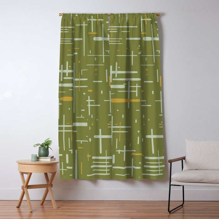 Mid-Century Modern Kinetikos Pattern Olive Green Mustard Gold Celadon Window Curtain Gallery Image 5
