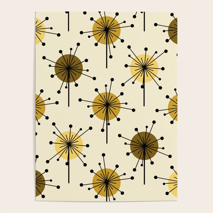 Atomic Era Sputnik Starburst Flowers Light Yellow Poster Gallery Image 1