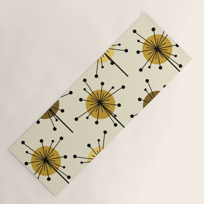 Atomic Era Sputnik Starburst Flowers Light Yellow Yoga Mat