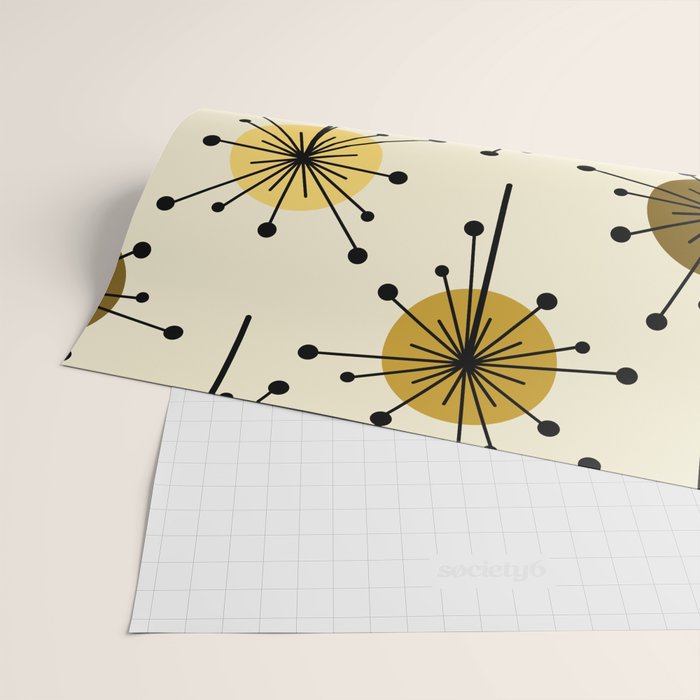 Atomic Era Sputnik Starburst Flowers Light Yellow Wrapping Paper Gallery Image 2