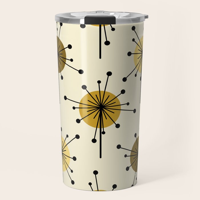 Atomic Era Sputnik Starburst Flowers Light Yellow Travel Mug Gallery Image 1