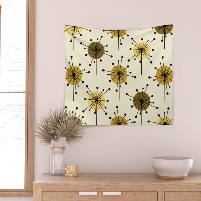 Atomic Era Sputnik Starburst Flowers Light Yellow Wall Tapestry Gallery Image 2