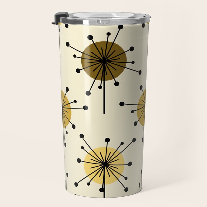 Atomic Era Sputnik Starburst Flowers Light Yellow Travel Mug Gallery Image 3