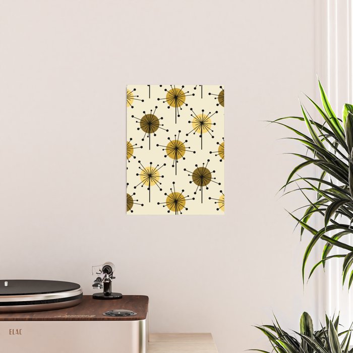 Atomic Era Sputnik Starburst Flowers Light Yellow Poster Gallery Image 2