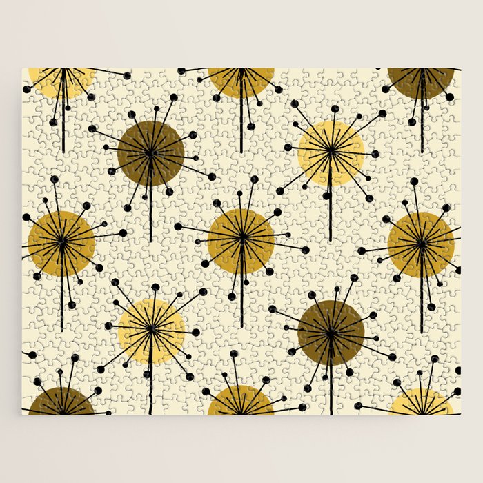 Atomic Era Sputnik Starburst Flowers Light Yellow Jigsaw Puzzle Gallery Image 1
