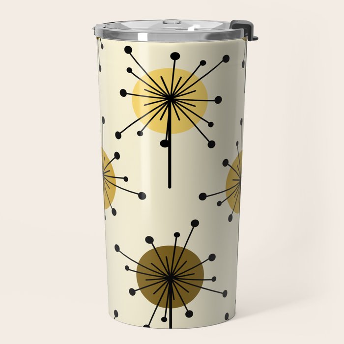 Atomic Era Sputnik Starburst Flowers Light Yellow Travel Mug Gallery Image 2