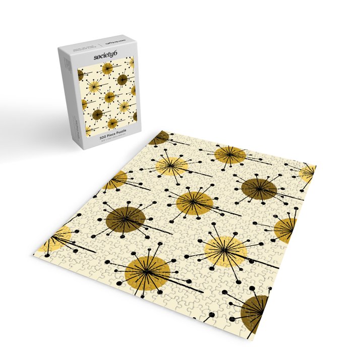 Atomic Era Sputnik Starburst Flowers Light Yellow Jigsaw Puzzle Gallery Image 2