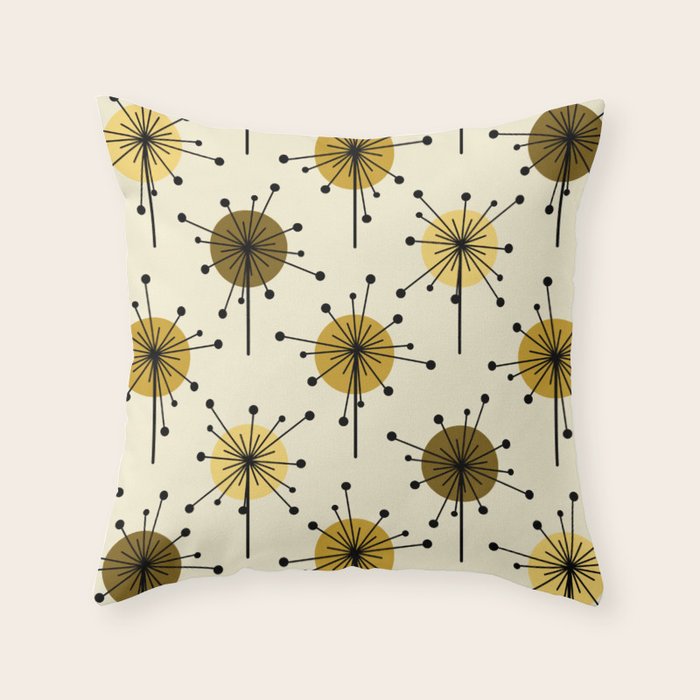 Atomic Era Sputnik Starburst Flowers Light Yellow Throw Pillow Gallery Image 1