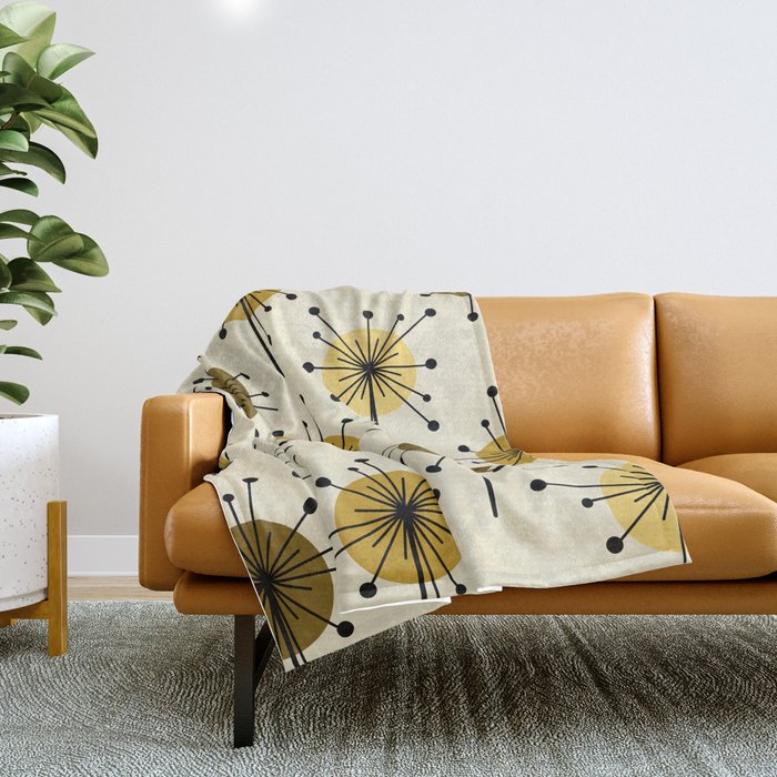 Atomic Era Sputnik Starburst Flowers Light Yellow Throw Blanket Gallery Image 1