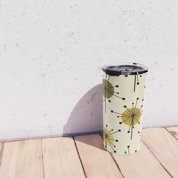 Atomic Era Sputnik Starburst Flowers Light Yellow Travel Mug Gallery Image 4