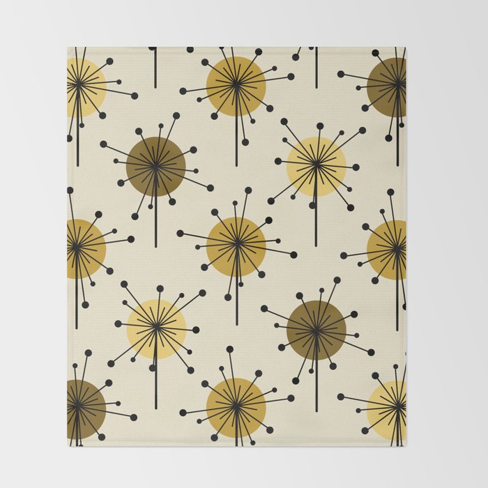 Atomic Era Sputnik Starburst Flowers Light Yellow Throw Blanket Gallery Image 2
