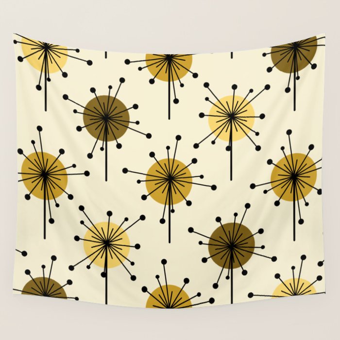 Atomic Era Sputnik Starburst Flowers Light Yellow Wall Tapestry Gallery Image 1