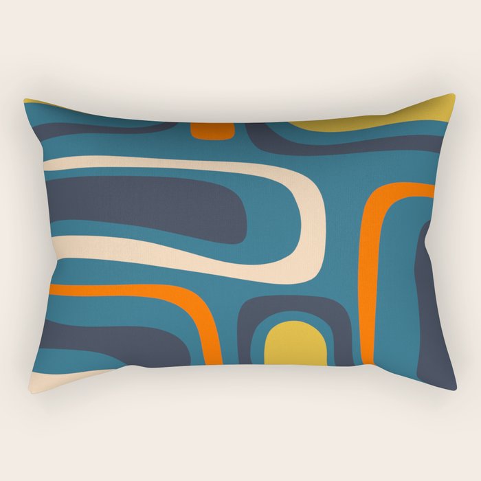Palm Springs Retro Mid Century Modern Abstract Pattern Blue Orange Mustard Beige Rectangular Pillow Gallery Image 2