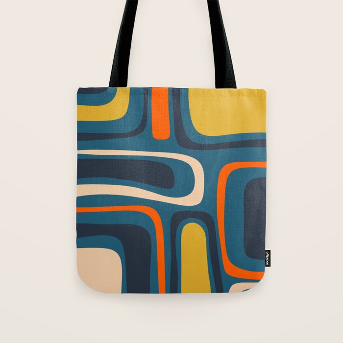 Palm Springs Retro Mid Century Modern Abstract Pattern Blue Orange Mustard Beige Tote Bag Gallery Image 1