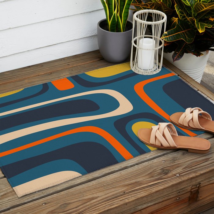 Palm Springs Retro Mid Century Modern Abstract Pattern Blue Orange Mustard Beige Outdoor Rug Gallery Image 2