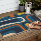 Palm Springs Retro Mid Century Modern Abstract Pattern Blue Orange Mustard Beige Outdoor Rug Gallery Image 2