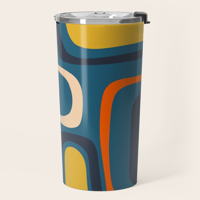 Palm Springs Retro Mid Century Modern Abstract Pattern Blue Orange Mustard Beige Travel Mug Gallery Image 2