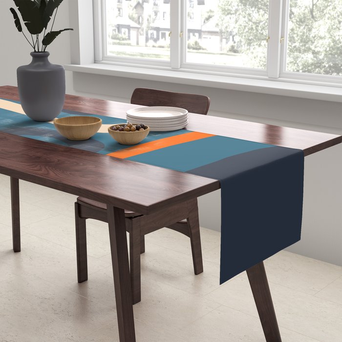 Palm Springs Retro Mid Century Modern Abstract Pattern Blue Orange Mustard Beige Table Runner Gallery Image 2