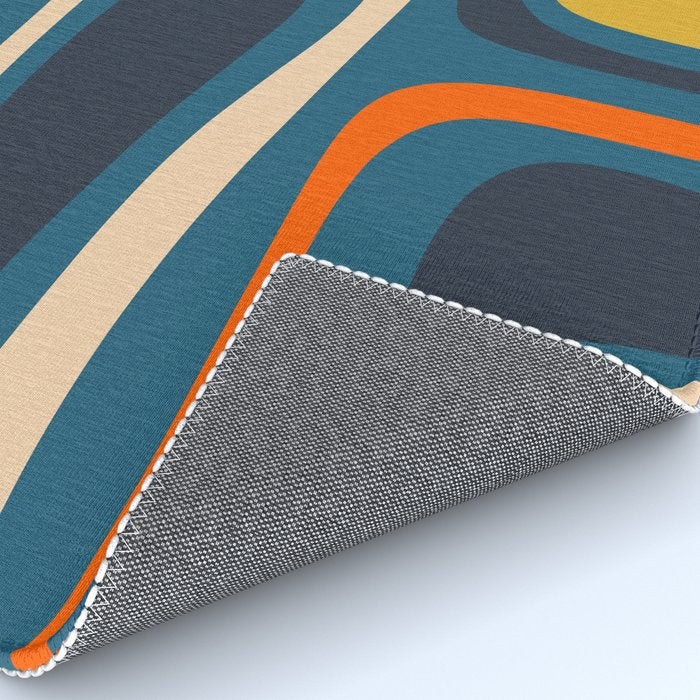 Palm Springs Retro Mid Century Modern Abstract Pattern Blue Orange Mustard Beige Rug Gallery Image 4