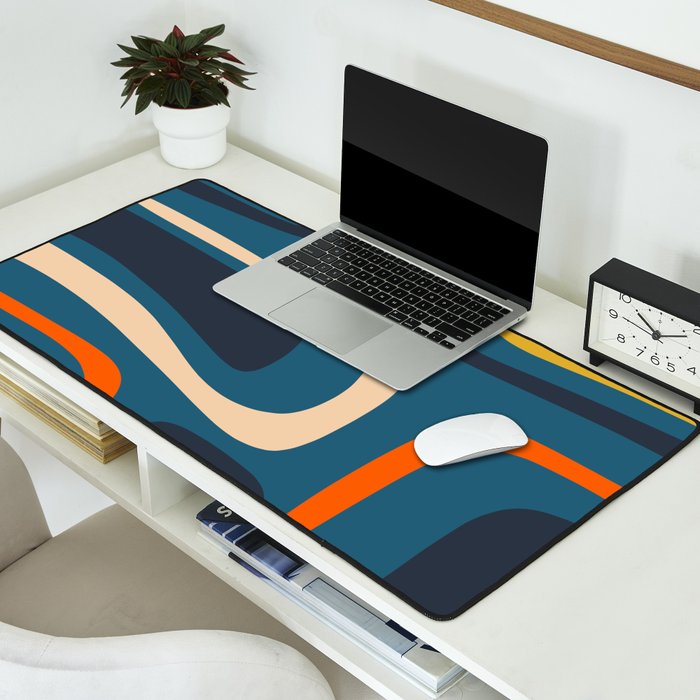 Palm Springs Retro Mid Century Modern Abstract Pattern Blue Orange Mustard Beige Desk Mat Gallery Image 2