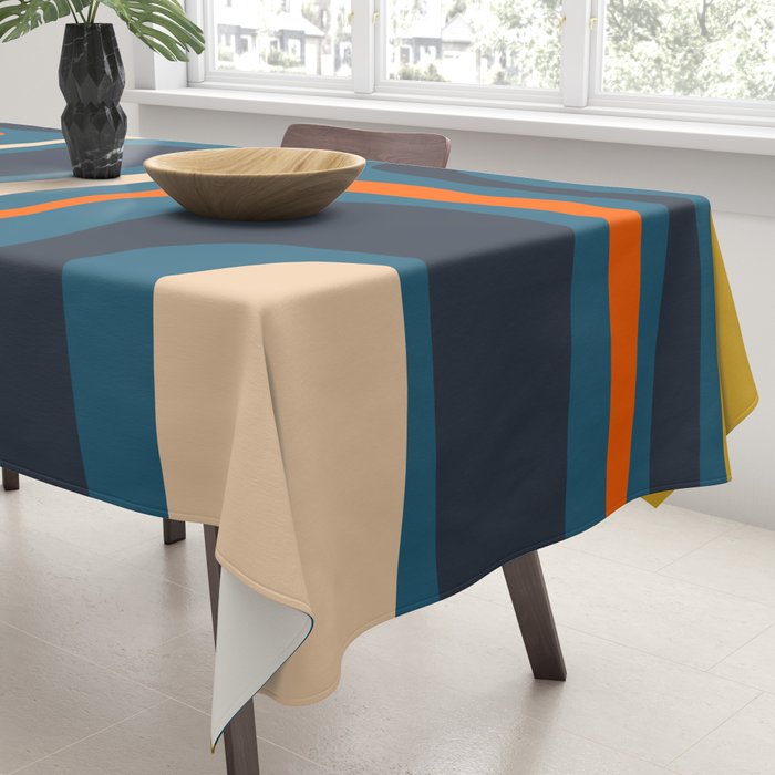 Palm Springs Retro Mid Century Modern Abstract Pattern Blue Orange Mustard Beige Tablecloth Gallery Image 3