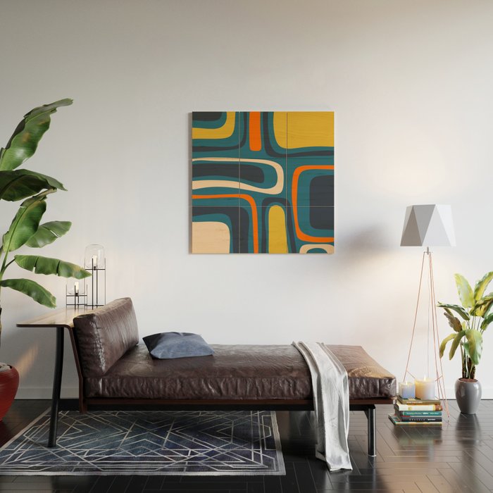 Palm Springs Retro Mid Century Modern Abstract Pattern Blue Orange Mustard Beige Wood Wall Art Gallery Image 2