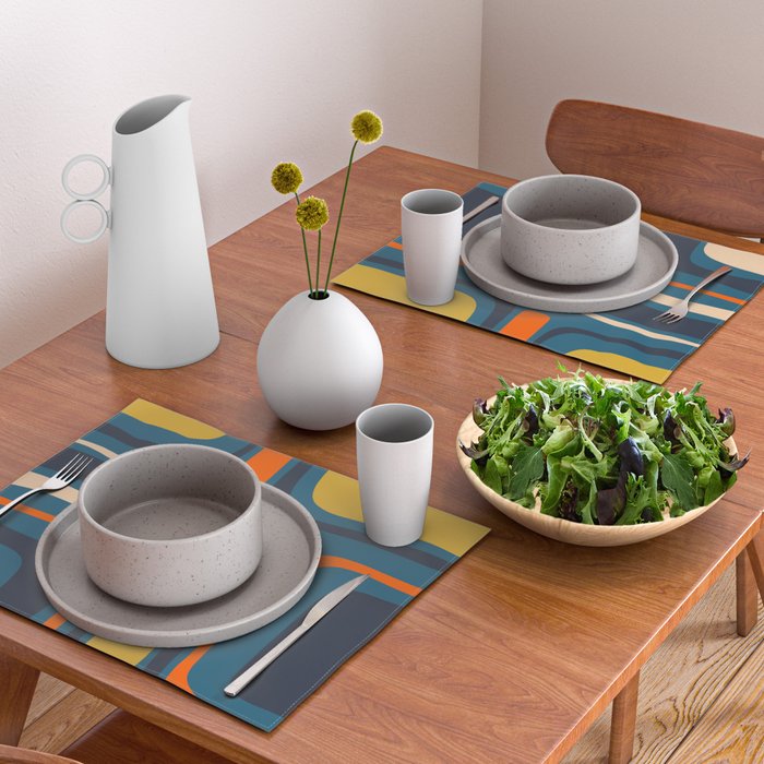 Palm Springs Retro Mid Century Modern Abstract Pattern Blue Orange Mustard Beige Placemat Gallery Image 2