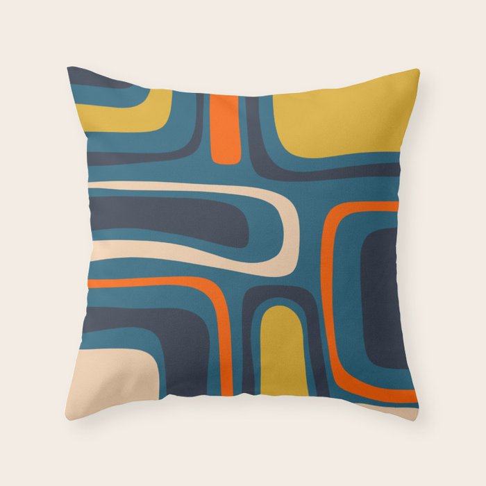 Palm Springs Retro Mid Century Modern Abstract Pattern Blue Orange Mustard Beige Throw Pillow Gallery Image 1
